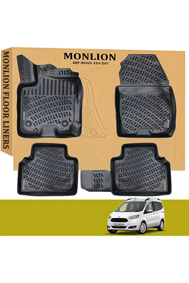 Monlion Paspasları,Ford Courier 2014-2023 3D Lazer Ölçülü Kokusuz Kaymaz (Ön ve Arka) , Siyah
