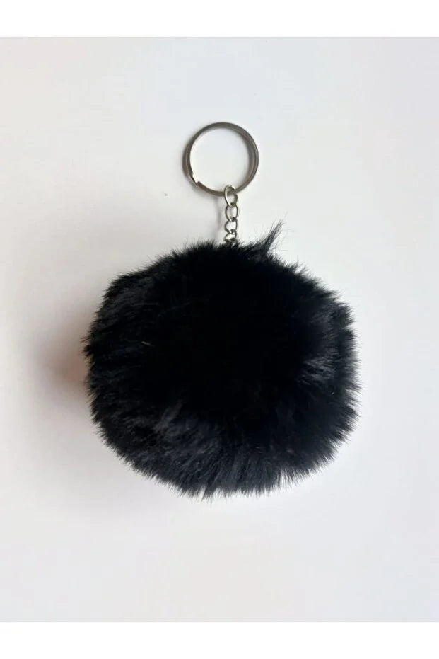  Ponpon Anahtarlık Siyah Renk 6cm