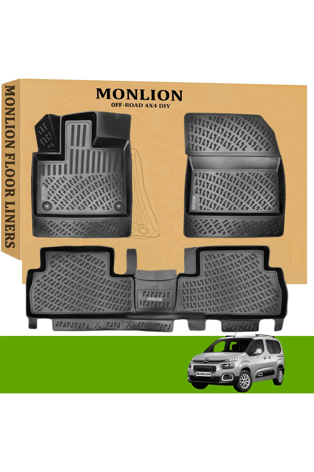 Monlion Paspasları,Citroen Berlingo 2008-2018 için 3D Lazer Ölçülü  Kokusuz Kaymaz (Ön ve Arka) Siyah