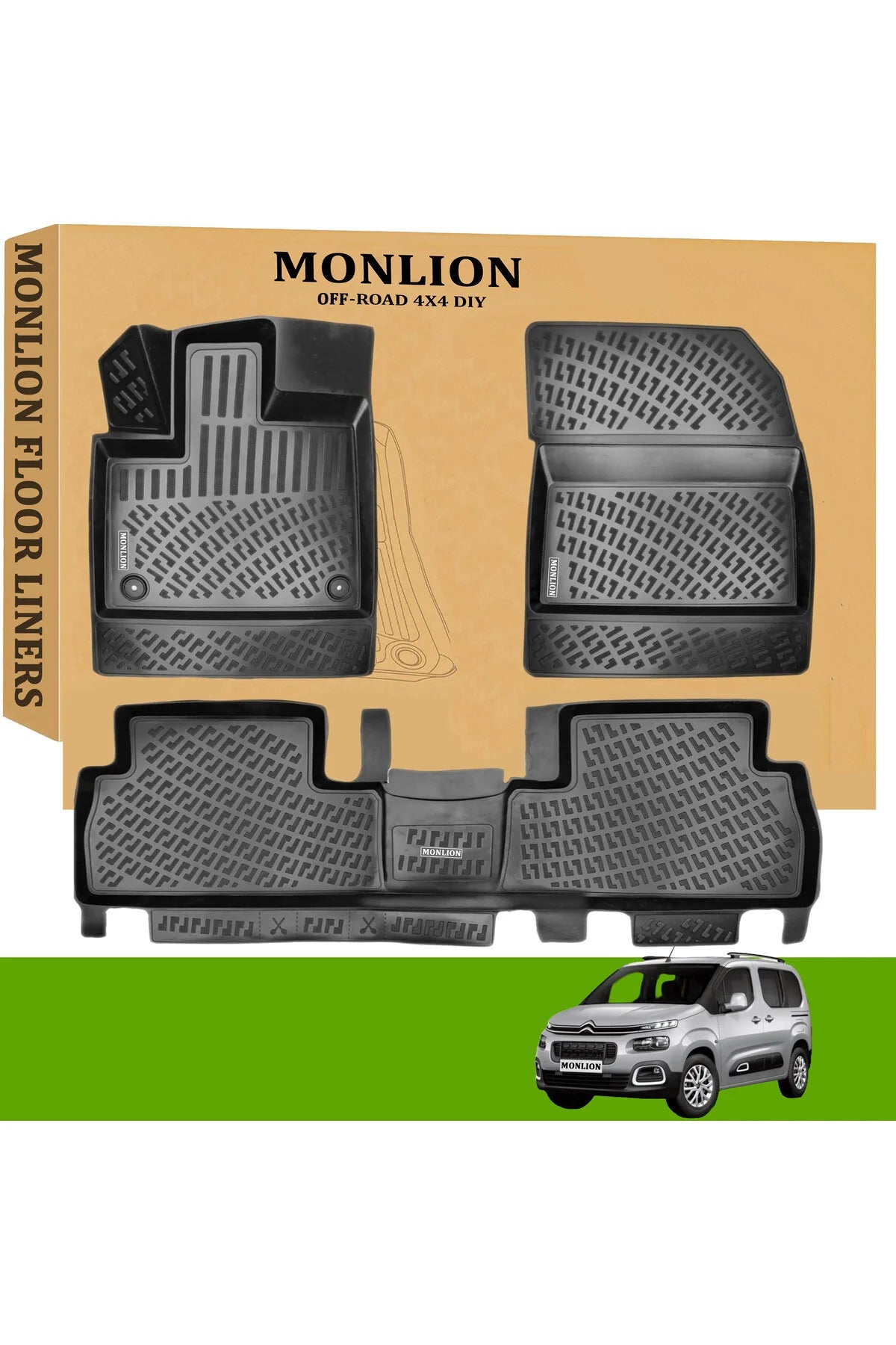 Monlion Paspasları,Citroen Berlingo 2008-2018 için 3D Lazer Ölçülü  Kokusuz Kaymaz (Ön ve Arka) Siyah